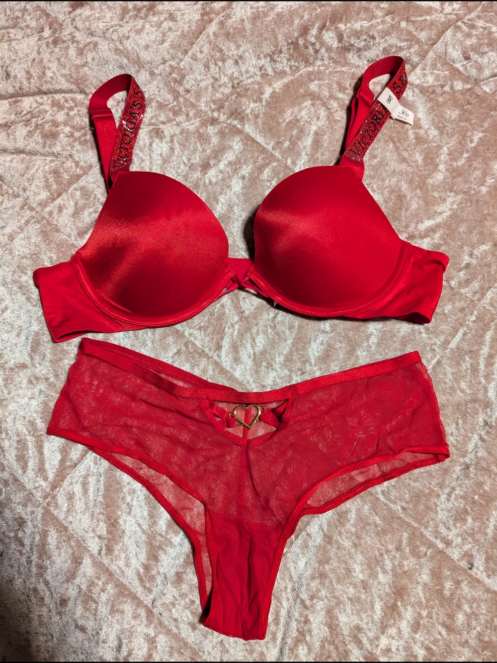 Victoria Secret Red Lace & Satin Bra Set 36B & Lg NWT